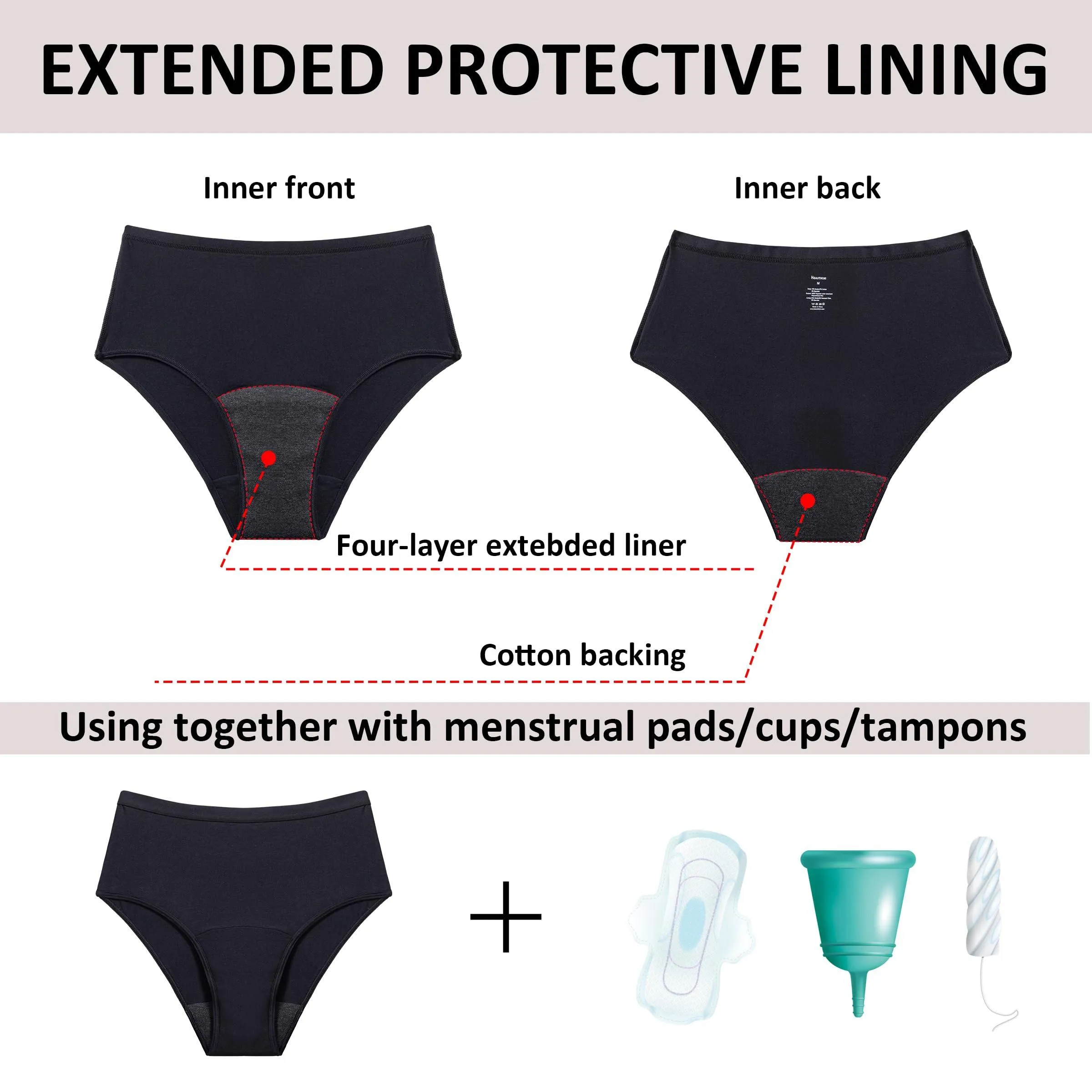 【1 ORDER 3 SIZES】Beautikini Stretch Seamless High-Waisted Heavy Flow  Period Underwear