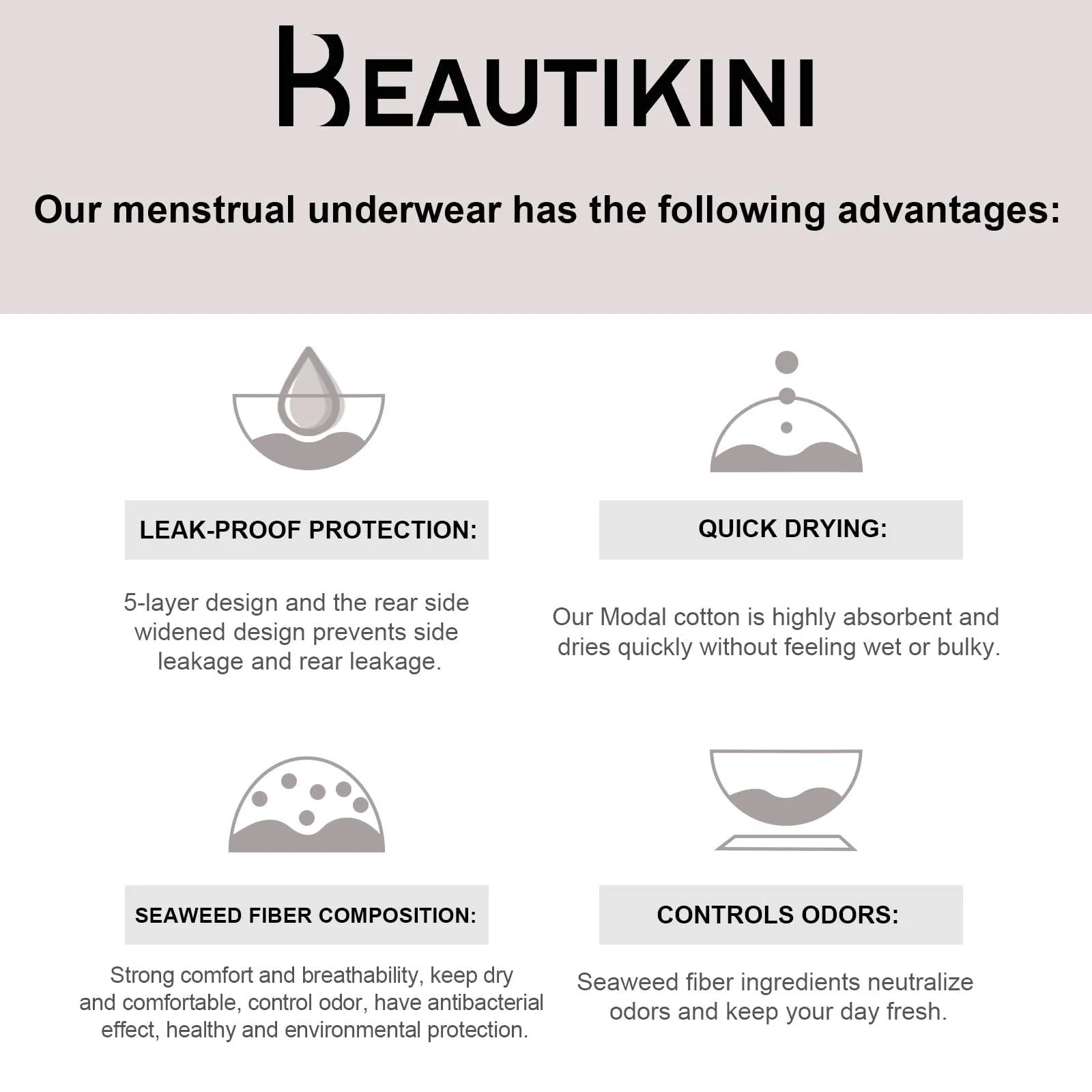 【1 ORDER 3 SIZES】Beautikini Stretch Seamless High-Waisted Heavy Flow  Period Underwear