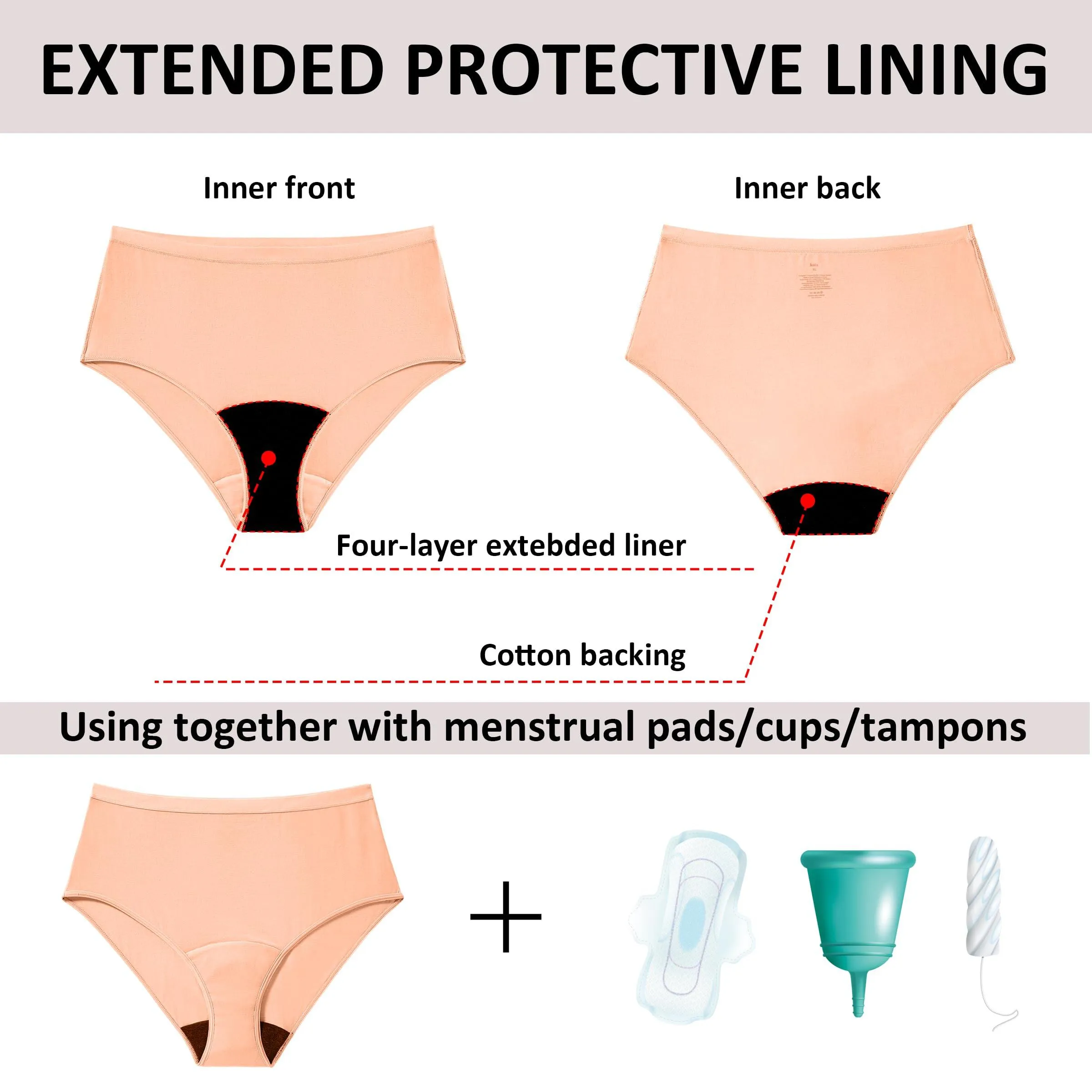 【1 ORDER 3 SIZES】Beautikini Stretch Seamless High-Waisted Heavy Flow  Period Underwear