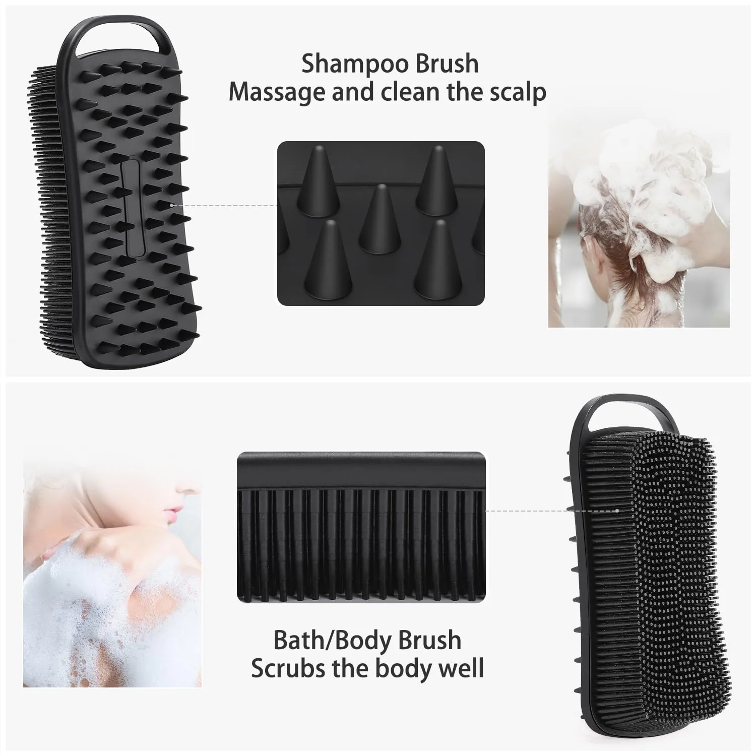 2 Pack Silicone Exfoliating Body Scrubber, 2 in 1 Body Brush & Hair Scalp Brush for Shower and Bath, Soft Silicone Loofah, Easy to Clean with Optimal Lathering (Black, Blue)