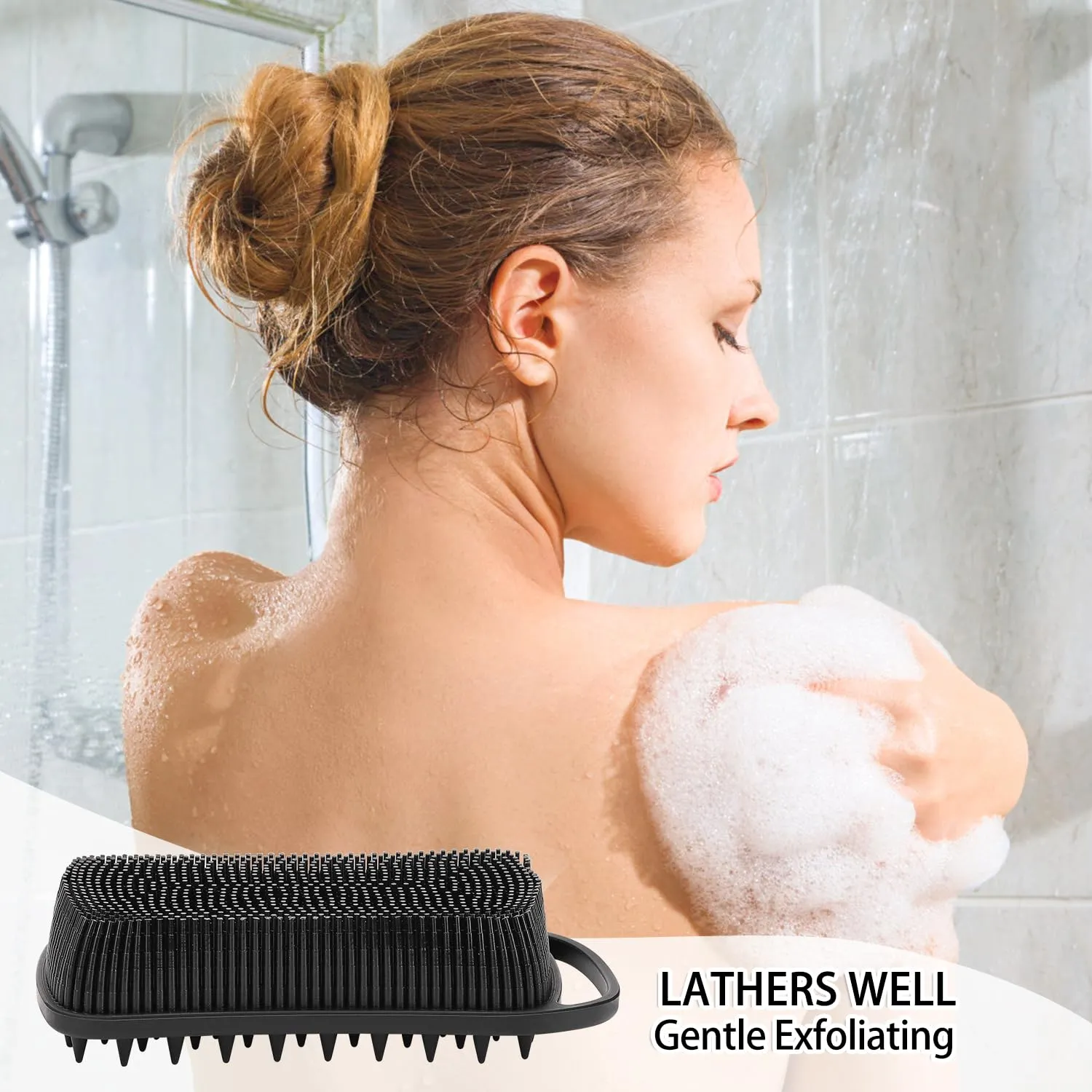 2 Pack Silicone Exfoliating Body Scrubber, 2 in 1 Body Brush & Hair Scalp Brush for Shower and Bath, Soft Silicone Loofah, Easy to Clean with Optimal Lathering (Black, Blue)