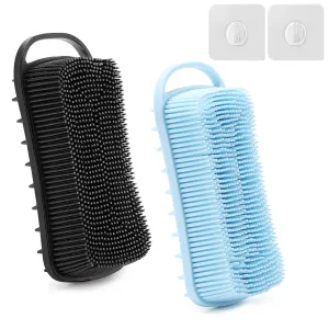 2 Pack Silicone Exfoliating Body Scrubber, 2 in 1 Body Brush & Hair Scalp Brush for Shower and Bath, Soft Silicone Loofah, Easy to Clean with Optimal Lathering (Black, Blue)