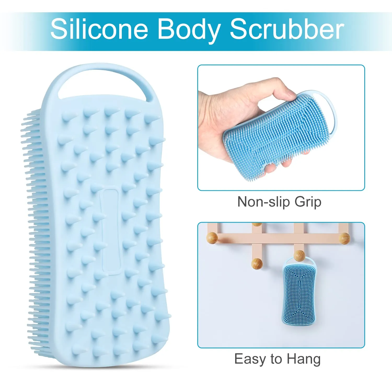 2 Pack Silicone Exfoliating Body Scrubber, 2 in 1 Body Brush & Hair Scalp Brush for Shower and Bath, Soft Silicone Loofah, Easy to Clean with Optimal Lathering (Black, Blue)