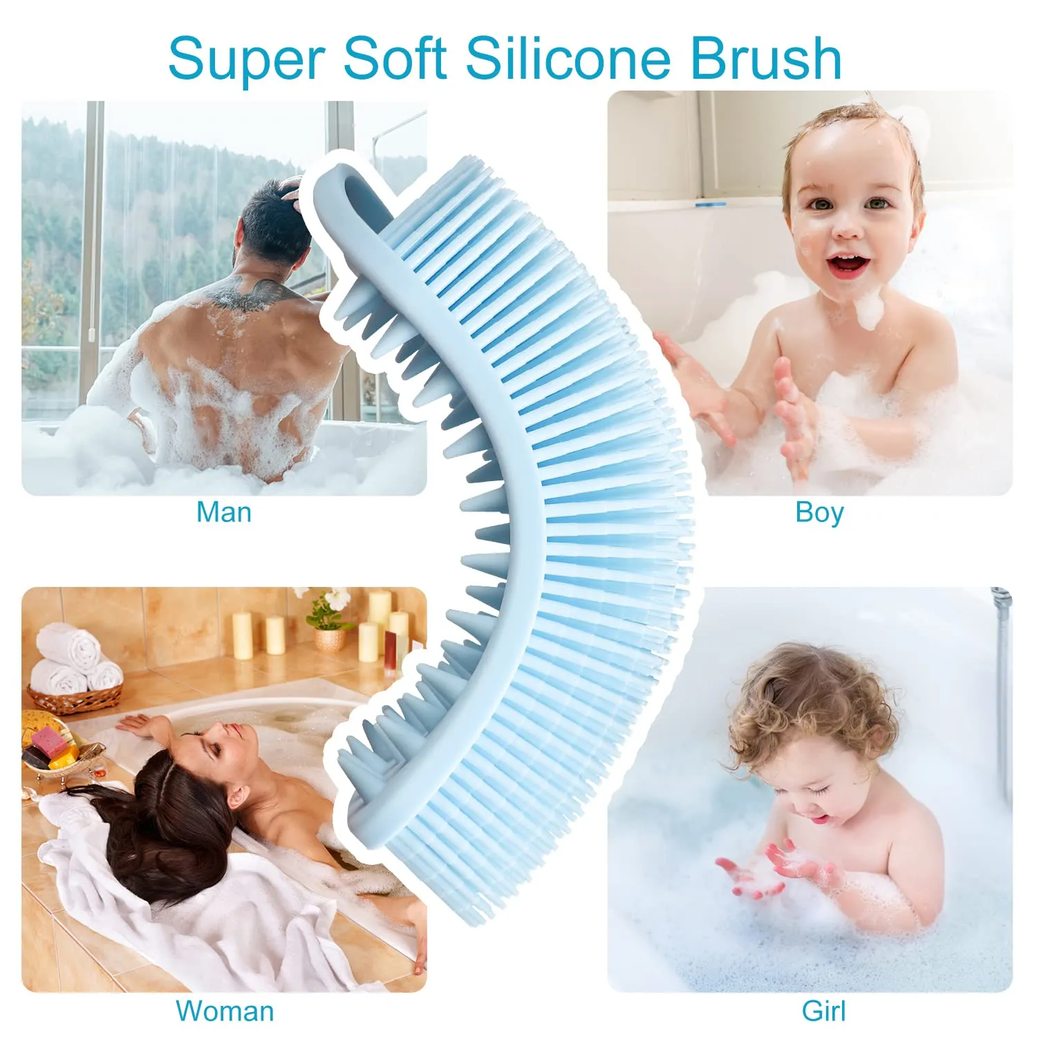 2 Pack Silicone Exfoliating Body Scrubber, 2 in 1 Body Brush & Hair Scalp Brush for Shower and Bath, Soft Silicone Loofah, Easy to Clean with Optimal Lathering (Black, Blue)