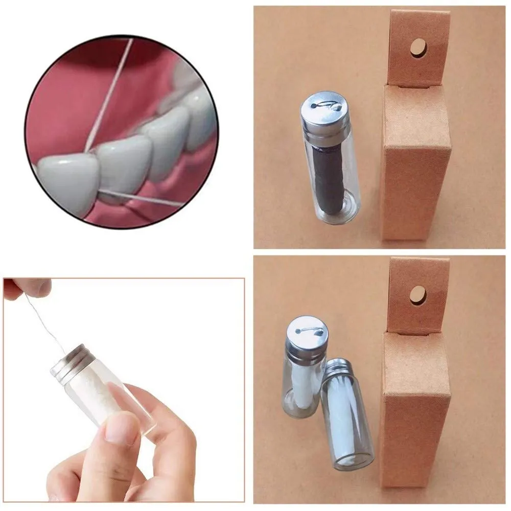 2 Pcs Natural Dental Silk Floss, Bamboo Charcoal Dental Floss Biodegradable Vegan Corn Dental Floss with Reusable Glass Bottle, 30 Metres