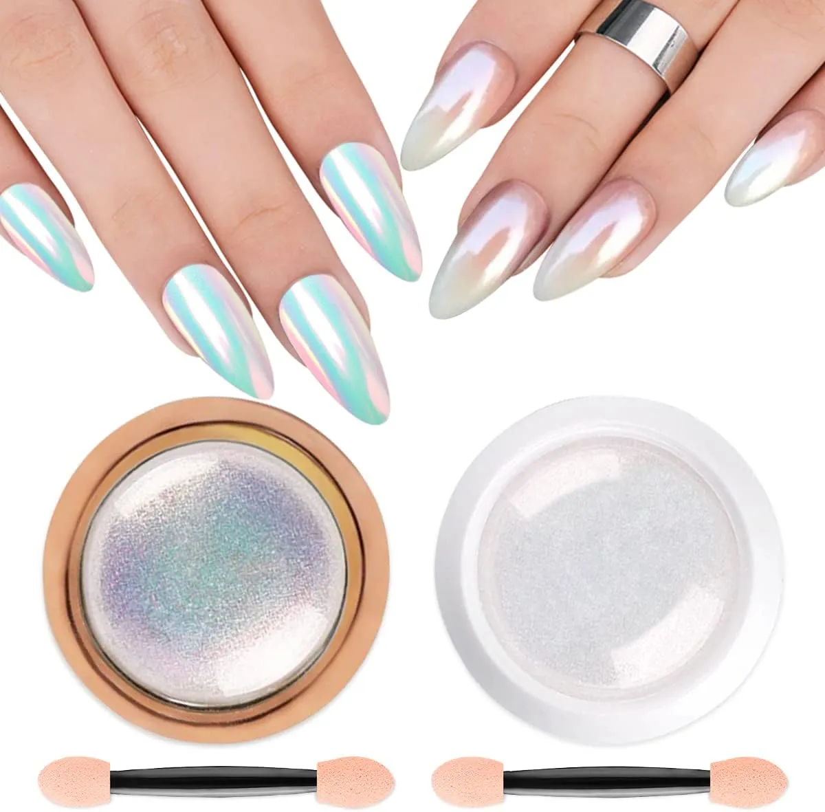 2 Pcs Solid White Pearl Chrome Nail Powder & Mermaid Chrome Nail Powder Metal Glazed Donut Aurora Magic Mirror Effect Nail Glitter Pigment Dust for Manicure Art Design Decoration with Tools