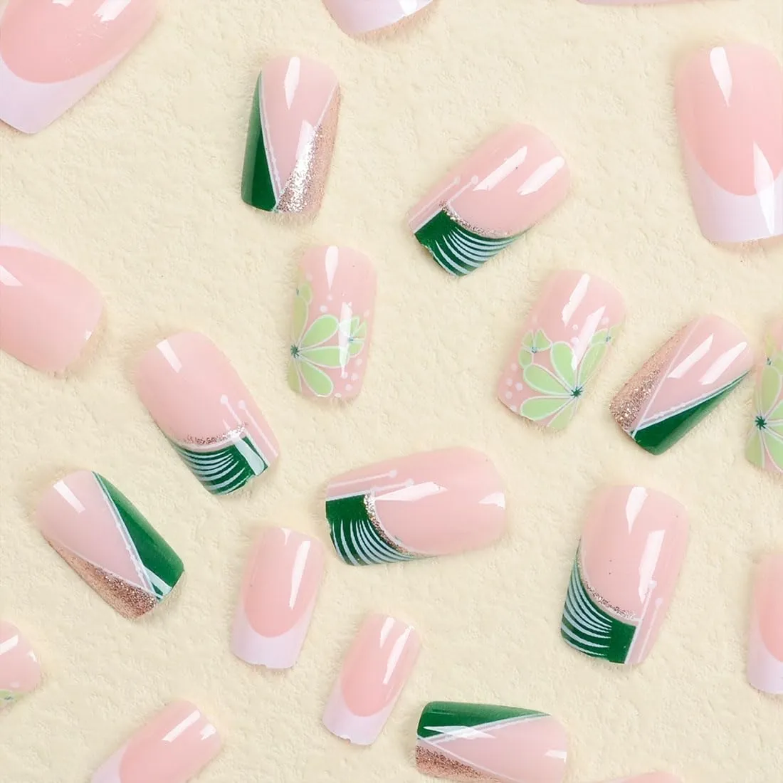 24pcs French False Nails, Medium Coffin Shape Press on Nails,Green Flowers False Nails Gold Loose Powder Fake Nails for Women Girls