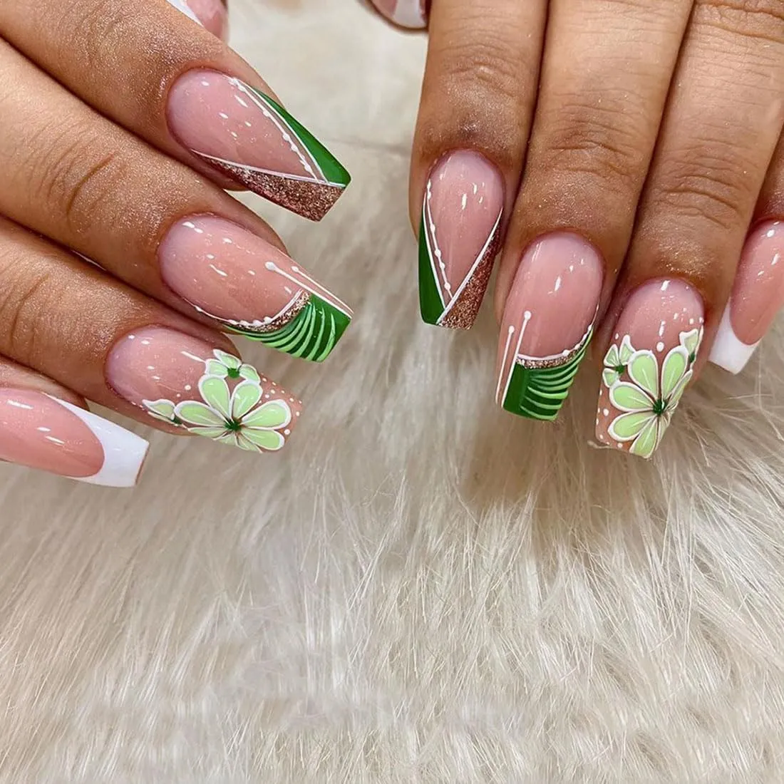 24pcs French False Nails, Medium Coffin Shape Press on Nails,Green Flowers False Nails Gold Loose Powder Fake Nails for Women Girls