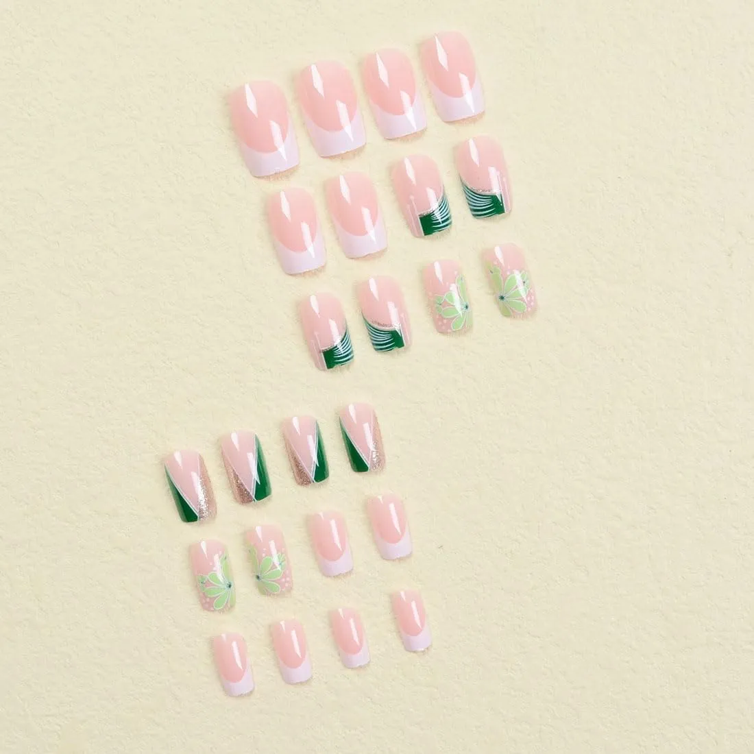 24pcs French False Nails, Medium Coffin Shape Press on Nails,Green Flowers False Nails Gold Loose Powder Fake Nails for Women Girls