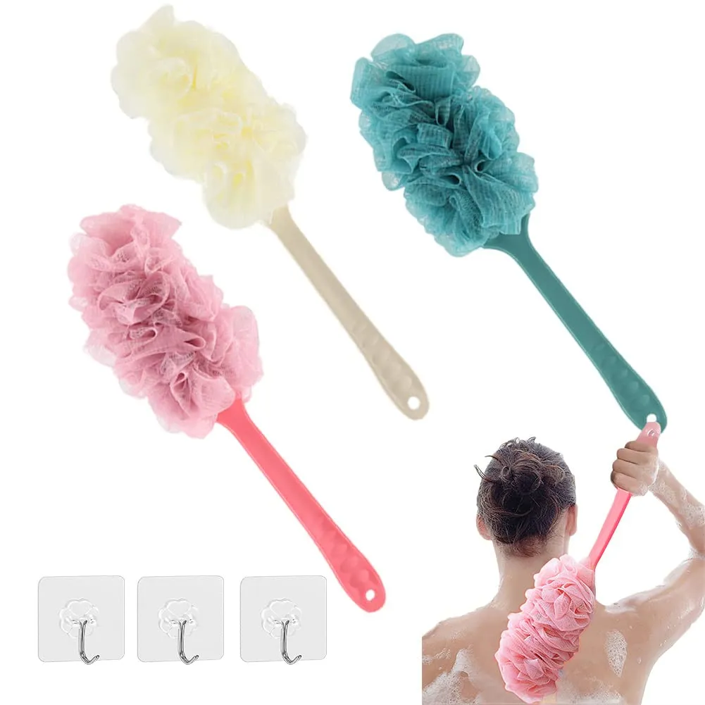 3 Pack Long Handle Bath Brush,Body Brush Back Scrubber,Shower Body Exfoliating Brush,Loofah On a Stick Sponge Brush for Back Cleaning, Exfoliating and Removing Dead Skin