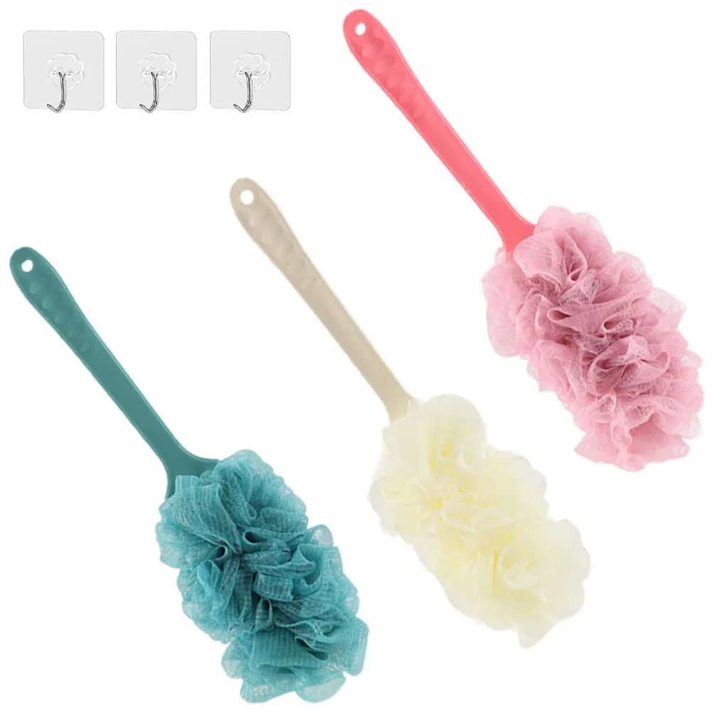3 Pack Long Handle Bath Brush,Body Brush Back Scrubber,Shower Body Exfoliating Brush,Loofah On a Stick Sponge Brush for Back Cleaning, Exfoliating and Removing Dead Skin