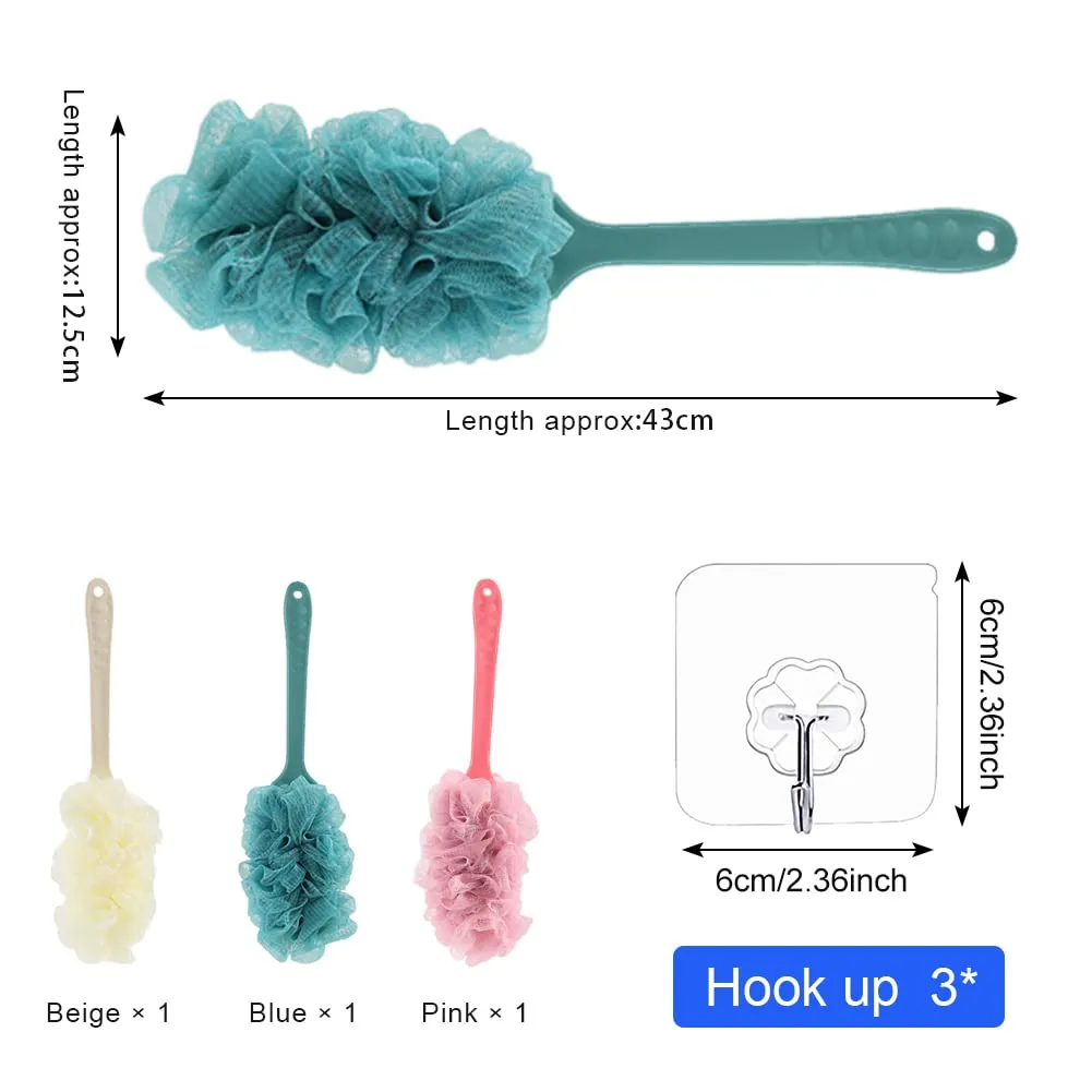 3 Pack Long Handle Bath Brush,Body Brush Back Scrubber,Shower Body Exfoliating Brush,Loofah On a Stick Sponge Brush for Back Cleaning, Exfoliating and Removing Dead Skin
