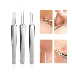 3 Pcs/lot Acne Needle Tweezers Blackhead Blemish Pimples Removal Pointed Bend Gib Head Face Care Tools Comedone Acne Extractor
