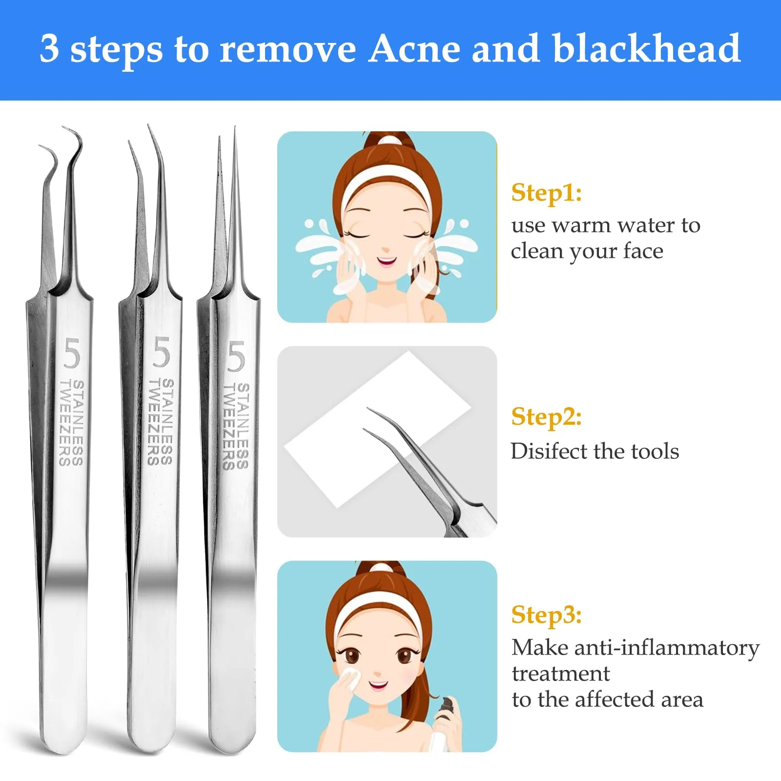 3 pieces of tweezers for removing blackheads and 1 piece of tweezers for ingrown hairs, precision blackhead pimple extractor for pimples, whitehead tweezers, eyelash tweezers with curved tip