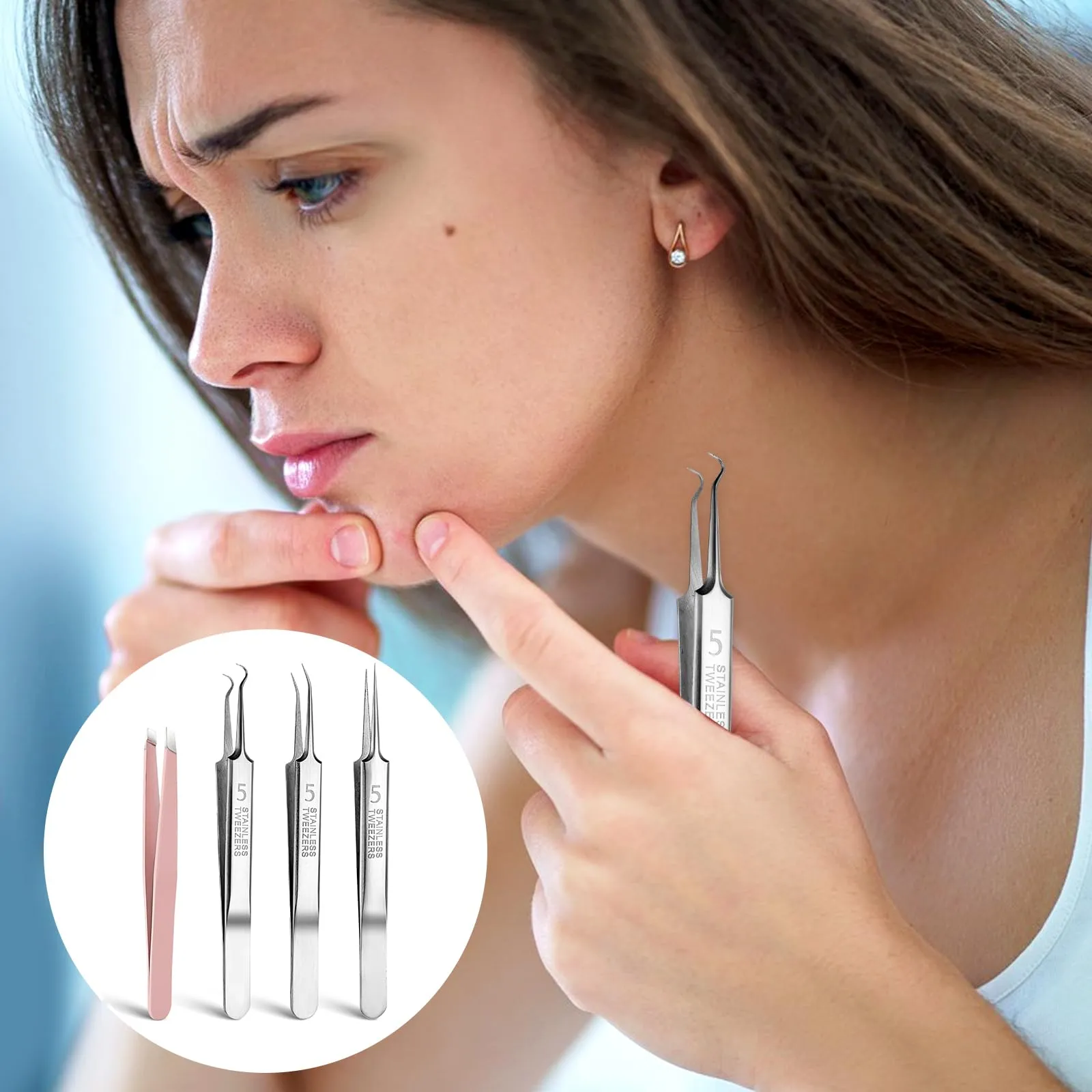 3 pieces of tweezers for removing blackheads and 1 piece of tweezers for ingrown hairs, precision blackhead pimple extractor for pimples, whitehead tweezers, eyelash tweezers with curved tip