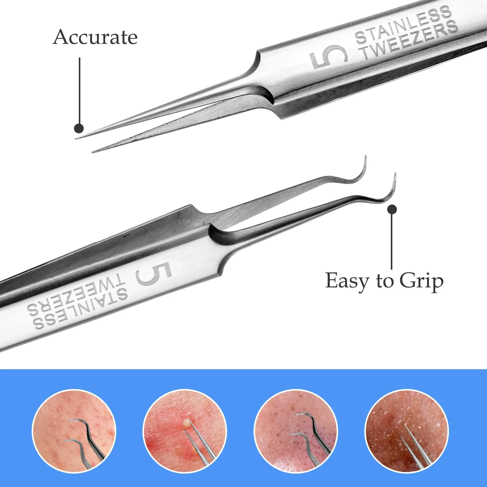 3 pieces of tweezers for removing blackheads and 1 piece of tweezers for ingrown hairs, precision blackhead pimple extractor for pimples, whitehead tweezers, eyelash tweezers with curved tip