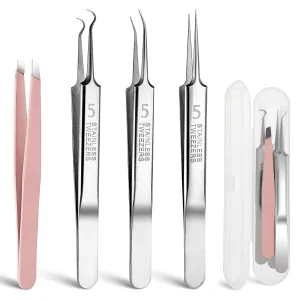 3 pieces of tweezers for removing blackheads and 1 piece of tweezers for ingrown hairs, precision blackhead pimple extractor for pimples, whitehead tweezers, eyelash tweezers with curved tip