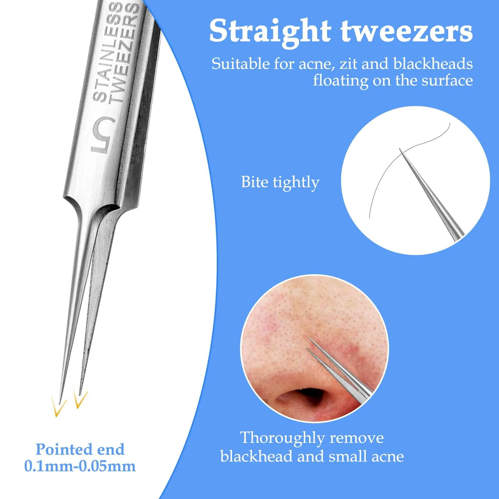 3 pieces of tweezers for removing blackheads and 1 piece of tweezers for ingrown hairs, precision blackhead pimple extractor for pimples, whitehead tweezers, eyelash tweezers with curved tip
