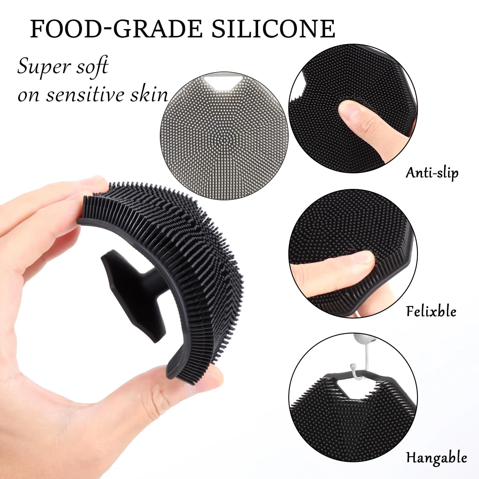 3Pack Silicone Body Scrubber, Qewro Body Buffer Exfoliating Brush with Silicone Loofah, Bath & Body Brushes for Men Women Kids Pets use in Shower, Scalp Exfoliator Hair Shampoo Skin Cleaning Brush