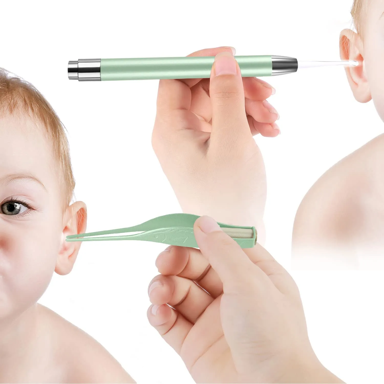 4 Pack Ear Wax Removal Tool Kit with Light, Ear Pick Ear Cleaning Tools Set for Kids and Adults, Ear Picks Digger & Tweezers & Spiral Spring Ear Spoon with Storage Box (Green) Green