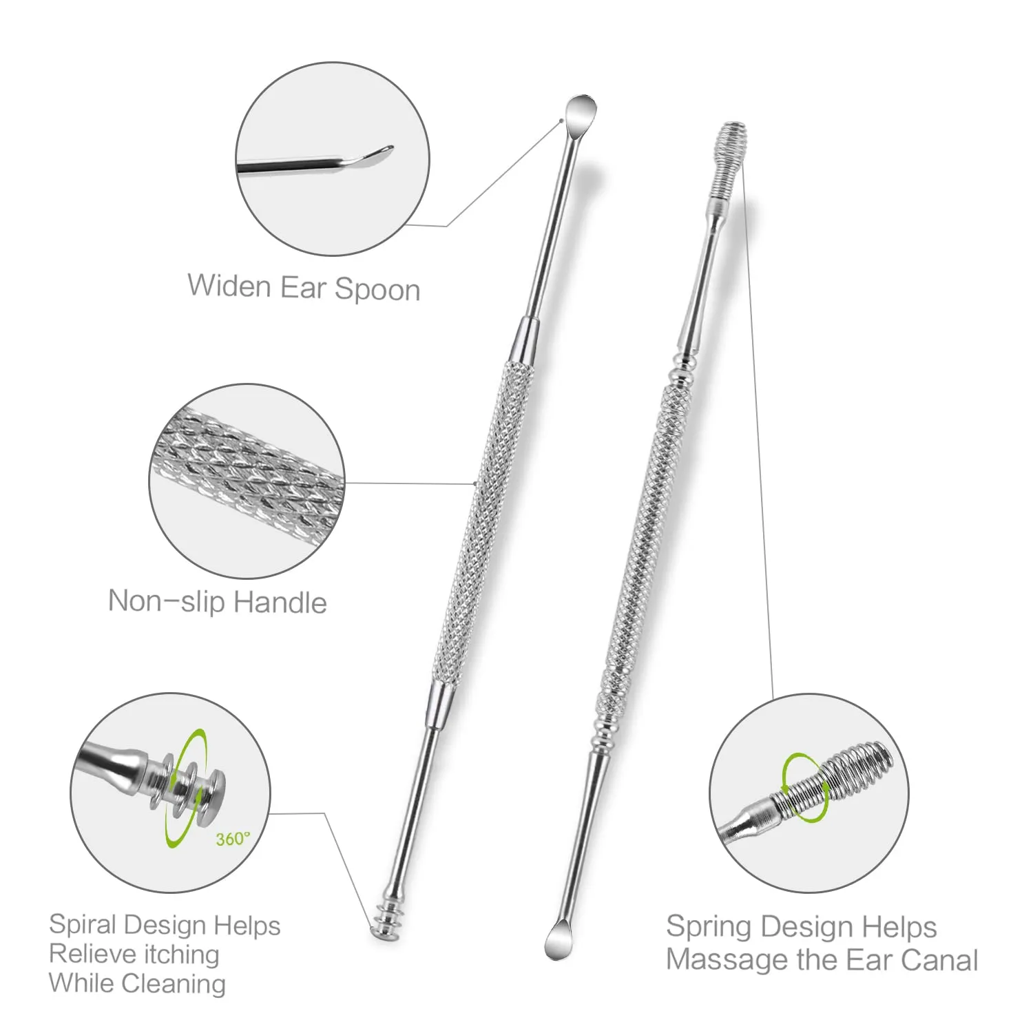 4 Pack Ear Wax Removal Tool Kit with Light, Ear Pick Ear Cleaning Tools Set for Kids and Adults, Ear Picks Digger & Tweezers & Spiral Spring Ear Spoon with Storage Box (Green) Green