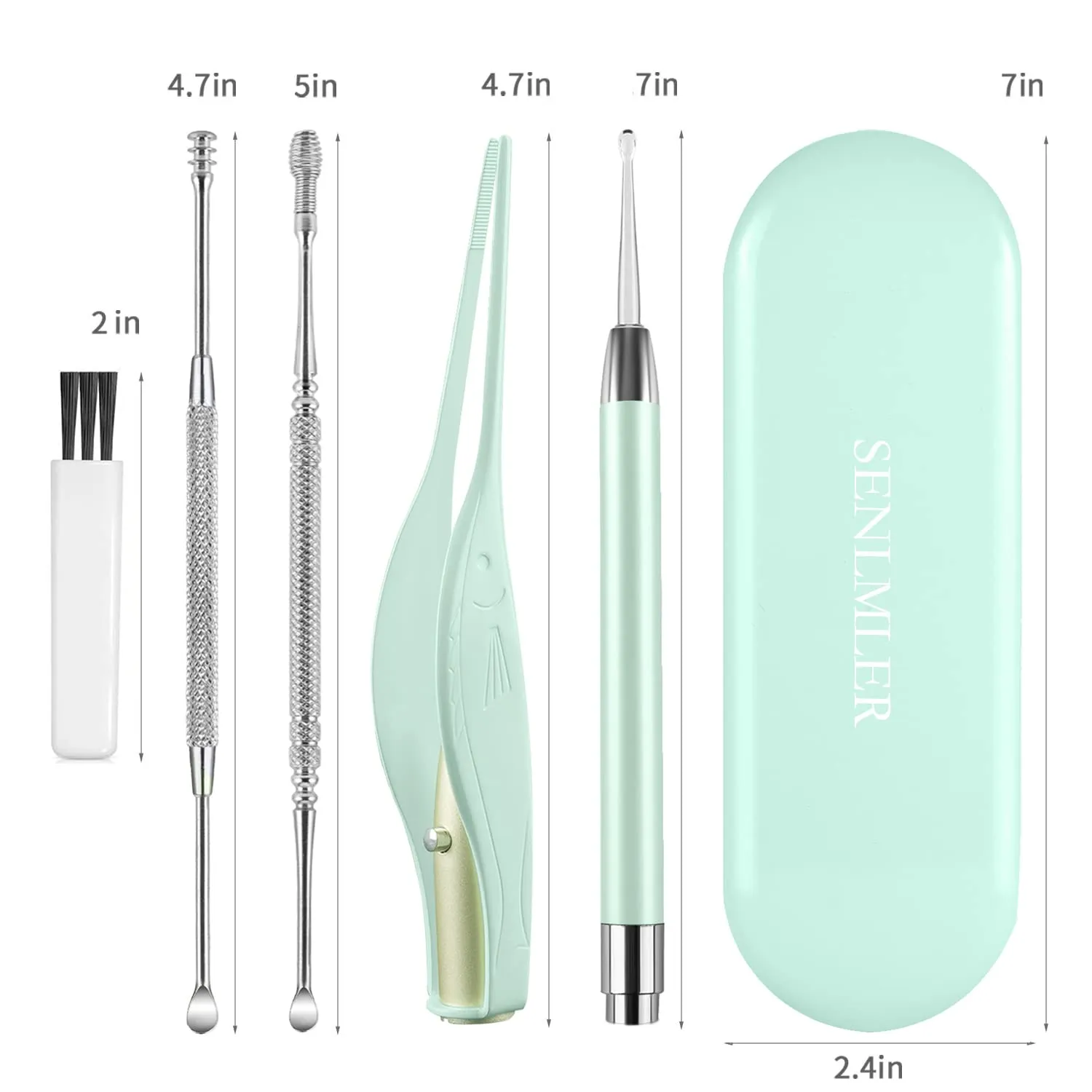 4 Pack Ear Wax Removal Tool Kit with Light, Ear Pick Ear Cleaning Tools Set for Kids and Adults, Ear Picks Digger & Tweezers & Spiral Spring Ear Spoon with Storage Box (Green) Green