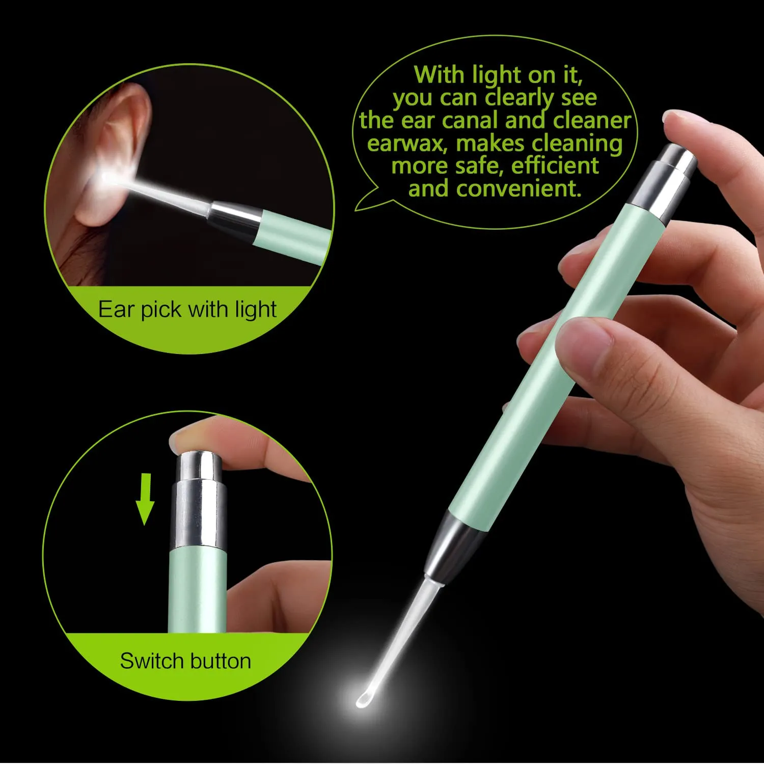 4 Pack Ear Wax Removal Tool Kit with Light, Ear Pick Ear Cleaning Tools Set for Kids and Adults, Ear Picks Digger & Tweezers & Spiral Spring Ear Spoon with Storage Box (Green) Green