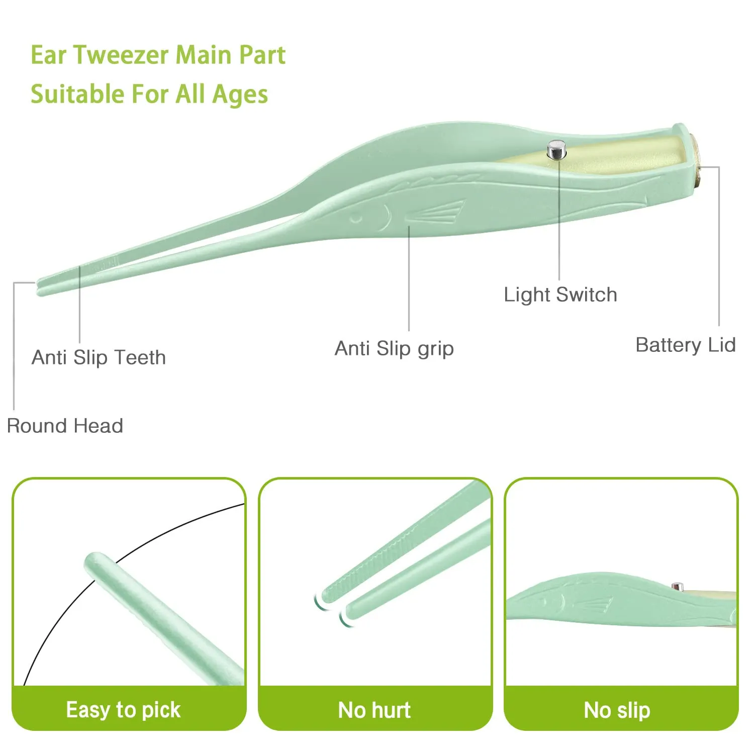 4 Pack Ear Wax Removal Tool Kit with Light, Ear Pick Ear Cleaning Tools Set for Kids and Adults, Ear Picks Digger & Tweezers & Spiral Spring Ear Spoon with Storage Box (Green) Green