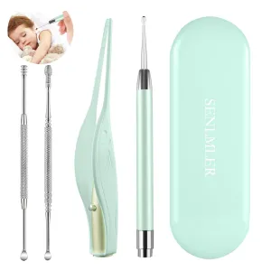 4 Pack Ear Wax Removal Tool Kit with Light, Ear Pick Ear Cleaning Tools Set for Kids and Adults, Ear Picks Digger & Tweezers & Spiral Spring Ear Spoon with Storage Box (Green) Green