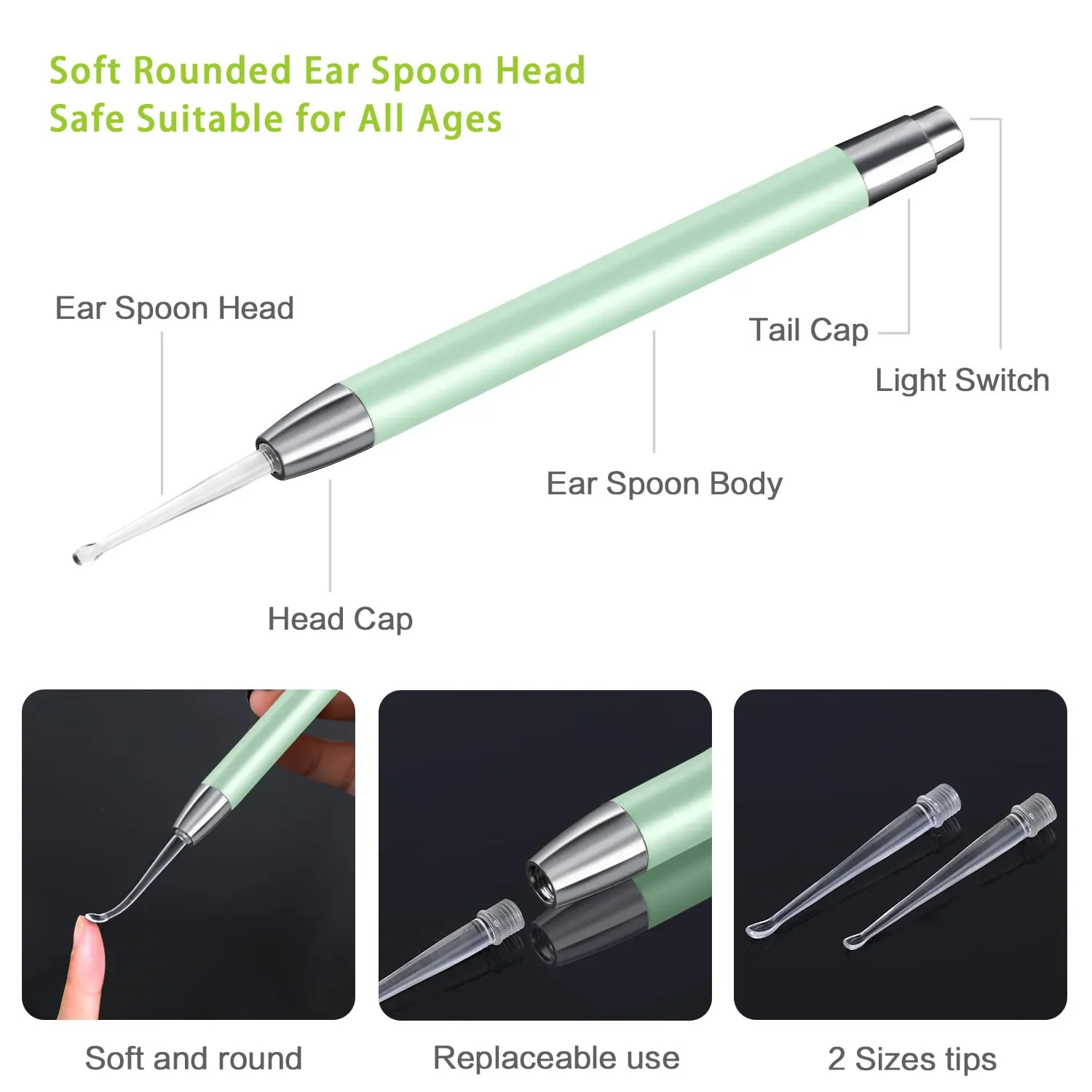 4 Pack Ear Wax Removal Tool Kit with Light, Ear Pick Ear Cleaning Tools Set for Kids and Adults, Ear Picks Digger & Tweezers & Spiral Spring Ear Spoon with Storage Box (Green) Green