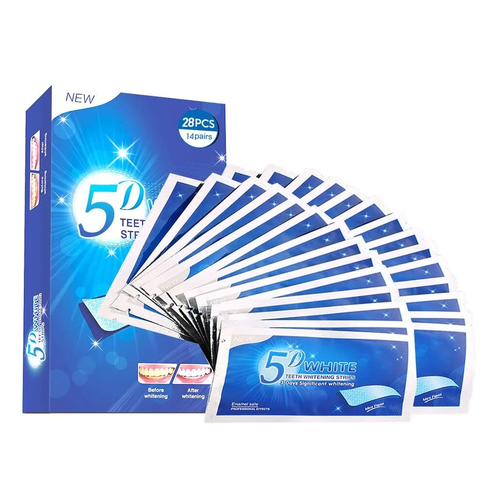 5D Teeth Whitening Strips 28 Strong Strips with Peroxide Free Gel, Remove Dental Stains Plaque & Scale, Whiten Yellow Teeth Two Weeks Whitening Treatment