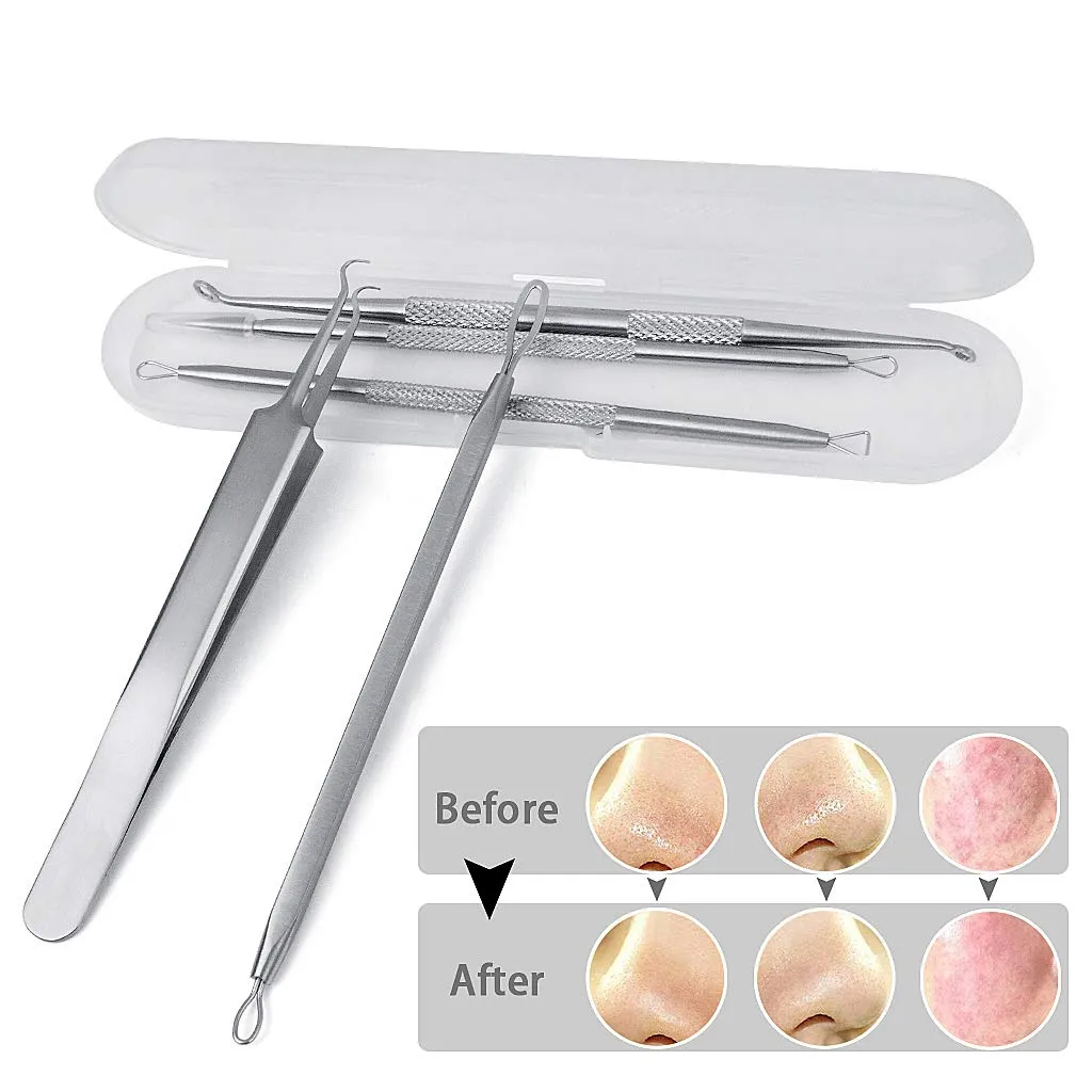 5PCS Blackhead Remover Tool Set Acne Extractor Comedone Pimples Spot and Zit Removal Tool With Case (Silver) Silver