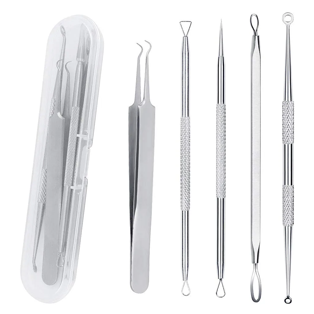 5PCS Blackhead Remover Tool Set Acne Extractor Comedone Pimples Spot and Zit Removal Tool With Case (Silver) Silver