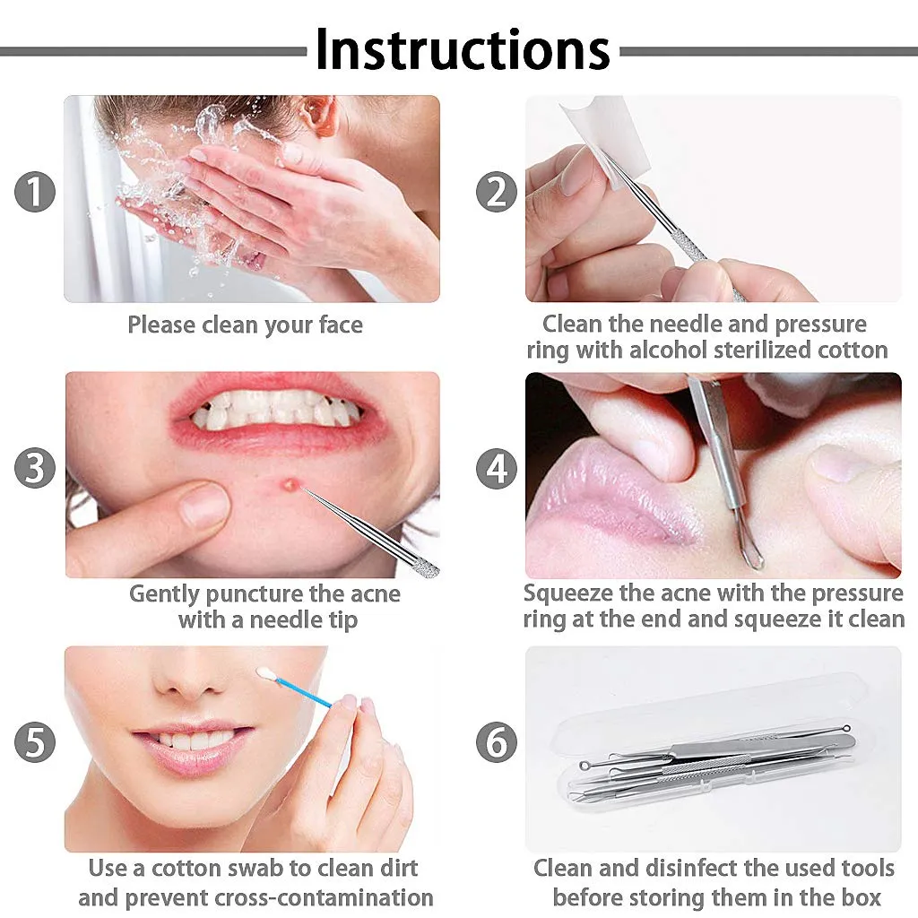 5PCS Blackhead Remover Tool Set Acne Extractor Comedone Pimples Spot and Zit Removal Tool With Case (Silver) Silver