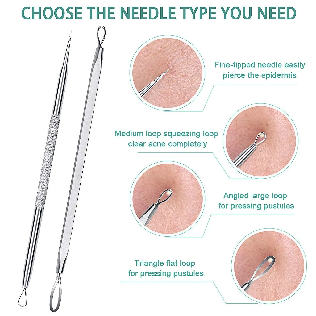 5PCS Blackhead Remover Tool Set Acne Extractor Comedone Pimples Spot and Zit Removal Tool With Case (Silver) Silver