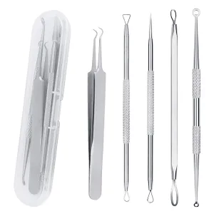 5PCS Blackhead Remover Tool Set Acne Extractor Comedone Pimples Spot and Zit Removal Tool With Case (Silver) Silver