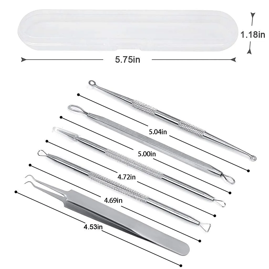 5PCS Blackhead Remover Tool Set Acne Extractor Comedone Pimples Spot and Zit Removal Tool With Case (Silver) Silver