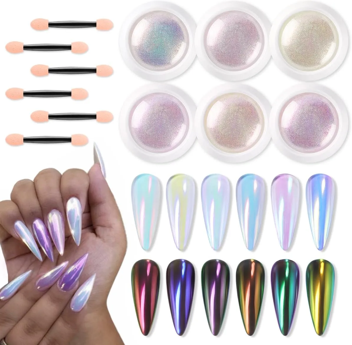 6 Jars White Unicorn Chrome Nail Powder Kit, Pearl Aurora Nail Chrome Powder Iridescent Mermaid Mirror Effect Loose Holographic Manicure Glitter for Nails Art Designs Shimmer Pink Pigment Dust