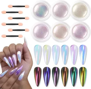 6 Jars White Unicorn Chrome Nail Powder Kit, Pearl Aurora Nail Chrome Powder Iridescent Mermaid Mirror Effect Loose Holographic Manicure Glitter for Nails Art Designs Shimmer Pink Pigment Dust