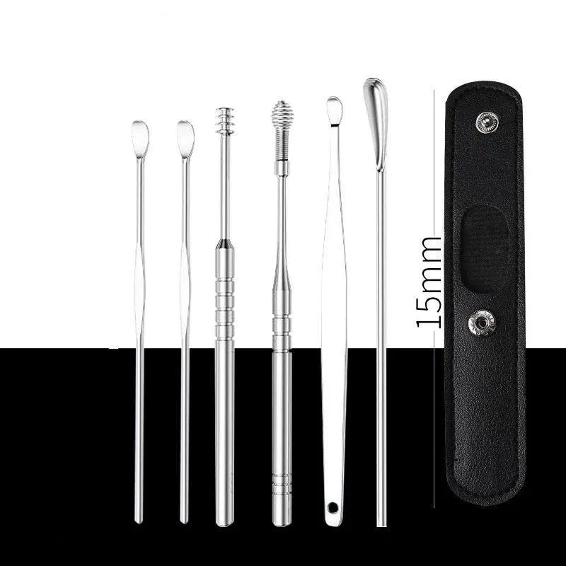 6-Piece Ear Cleaning Set, Stainless Steel, Scoop and Spiral Ear Picks, Safe and Effective, Multiple Colors, Includes Storage Case