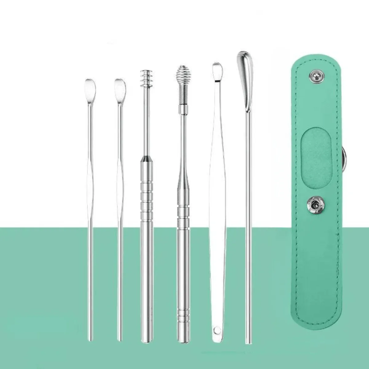 6-Piece Ear Cleaning Set, Stainless Steel, Scoop and Spiral Ear Picks, Safe and Effective, Multiple Colors, Includes Storage Case