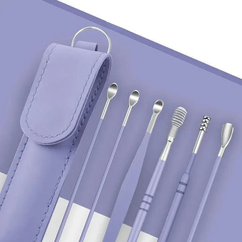 6-Piece Ear Cleaning Set, Stainless Steel, Scoop and Spiral Ear Picks, Safe and Effective, Multiple Colors, Includes Storage Case