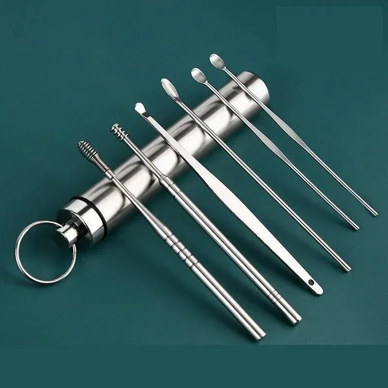 6-Piece Ear Cleaning Set, Stainless Steel, Scoop and Spiral Ear Picks, Safe and Effective, Multiple Colors, Includes Storage Case