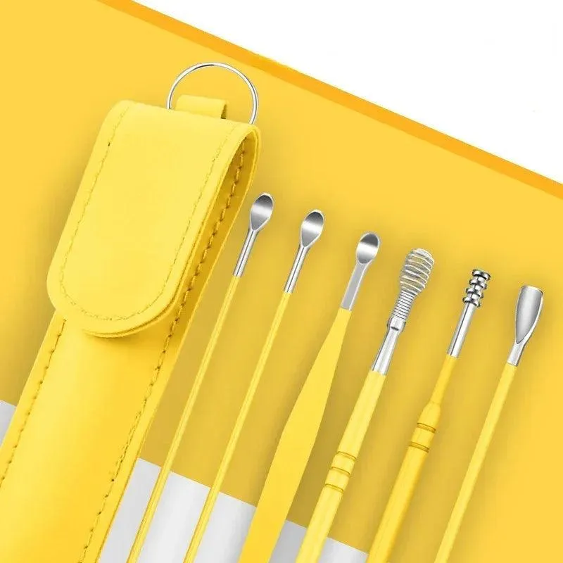 6-Piece Ear Cleaning Set, Stainless Steel, Scoop and Spiral Ear Picks, Safe and Effective, Multiple Colors, Includes Storage Case