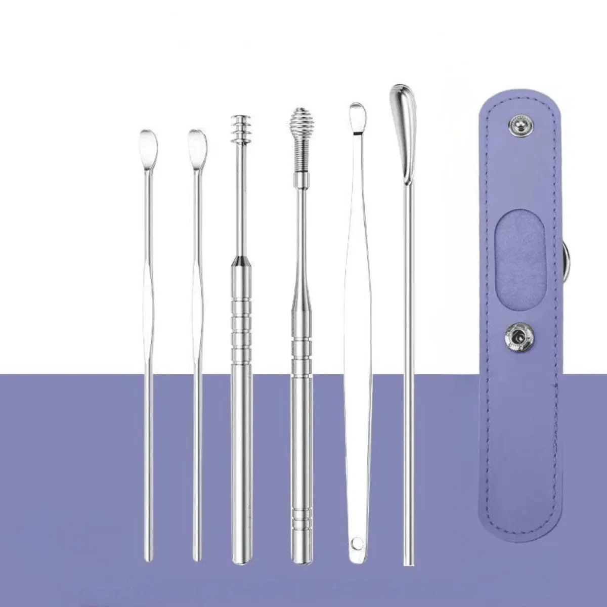 6-Piece Ear Cleaning Set, Stainless Steel, Scoop and Spiral Ear Picks, Safe and Effective, Multiple Colors, Includes Storage Case
