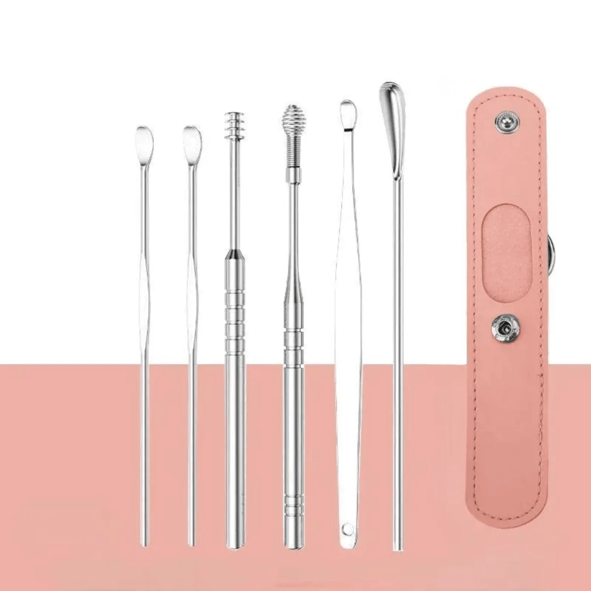 6-Piece Ear Cleaning Set, Stainless Steel, Scoop and Spiral Ear Picks, Safe and Effective, Multiple Colors, Includes Storage Case