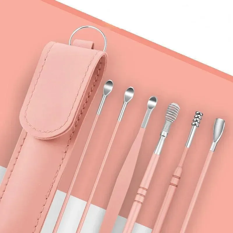 6-Piece Ear Cleaning Set, Stainless Steel, Scoop and Spiral Ear Picks, Safe and Effective, Multiple Colors, Includes Storage Case