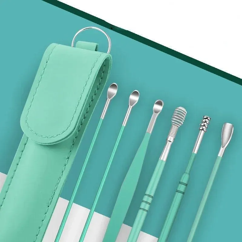 6-Piece Ear Cleaning Set, Stainless Steel, Scoop and Spiral Ear Picks, Safe and Effective, Multiple Colors, Includes Storage Case