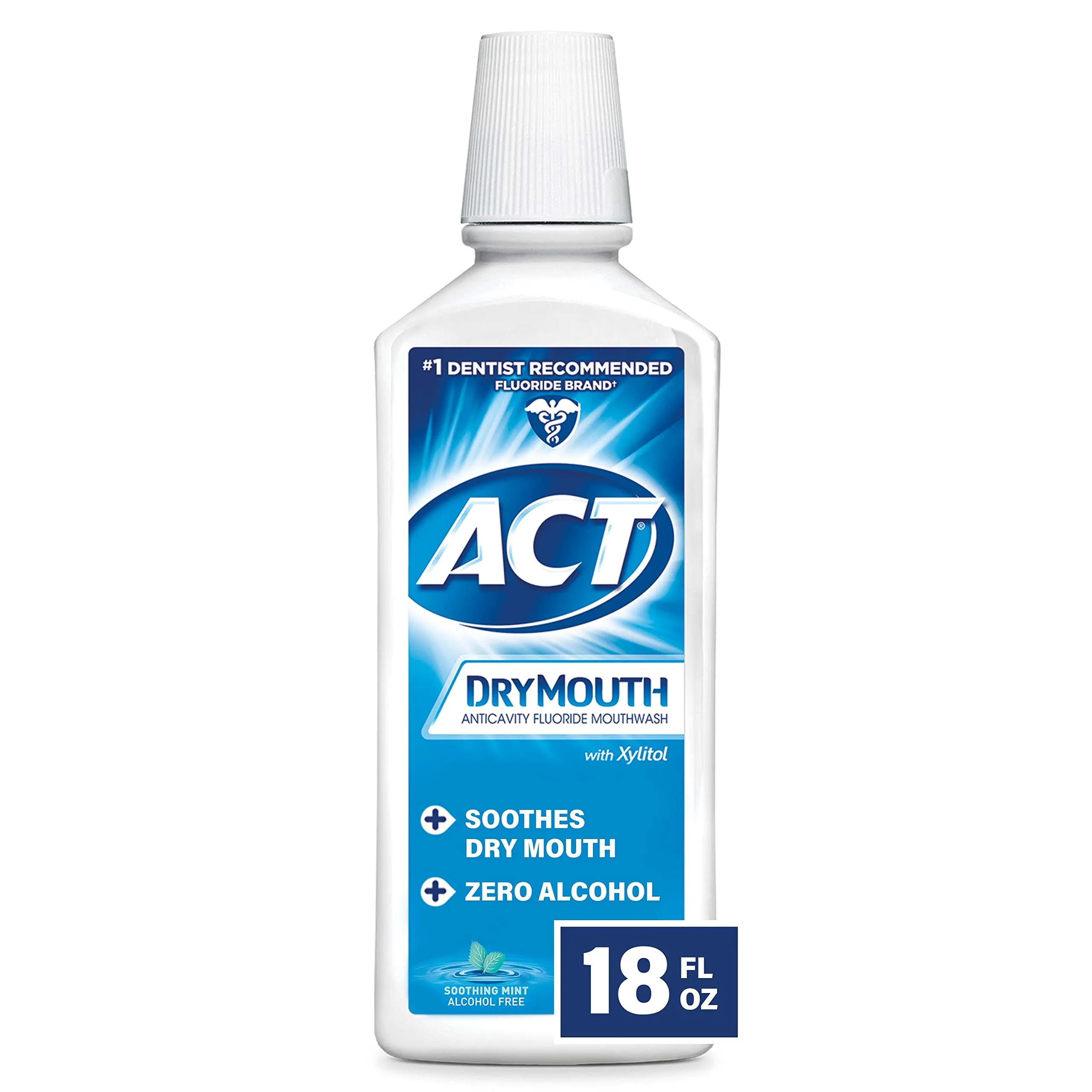 ACT Dry Mouth Anticavity Zero Alcohol Fluoride Mouthwash 18 fl. oz. Soothing Mint 18 Fl Oz (Pack of 1)