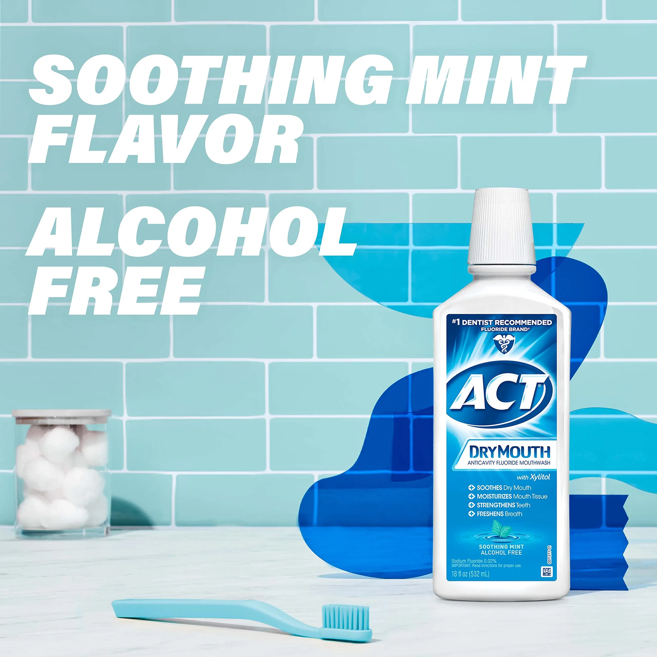 ACT Dry Mouth Anticavity Zero Alcohol Fluoride Mouthwash 18 fl. oz. Soothing Mint 18 Fl Oz (Pack of 1)